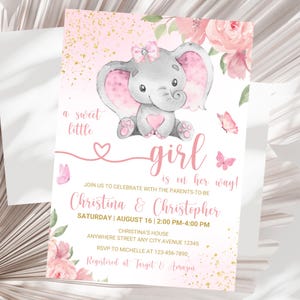 Girl Elephant Baby Shower Invitation Pink Elephant Baby Shower Invite A sweet little girl Elephant Baby Shower Invitation Template Editable