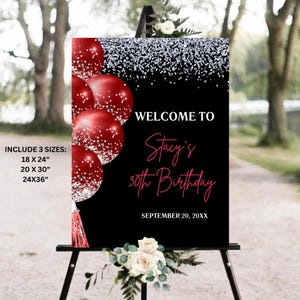 Red and Silver Birthday Welcome Sign, Adult Birthday Welcome Board, Black & Red Balloon Birthday Welcome Poster Template Digital Download