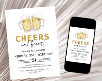 May include: A digital invitation with a gold and white color scheme. The invitation features a watercolor illustration of two beer mugs and the text "CHEERS and beers!"  Join us to celebrate Henry's 35th Birthday.  December 24th, 3:00-5:00 PM. Anderson's Residence, Anywhere Street Any City Avenue 12345. RSVP to Michelle by December 15th at 123-456-7890.