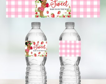 Strawberry Baby Shower Water Bottle Label,Berry Sweet Baby Shower,Berry Sweet Baby Shower Water Label,Afro Strawberry BabyShower Drink Label