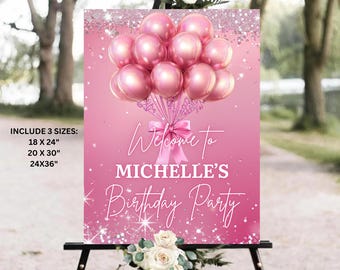 Pink Balloons Birthday Welcome Sign, Shades of Pink Birthday Sign, Pink Birthday Welcome Sign, Birthday Dinner Sign Template Digital
