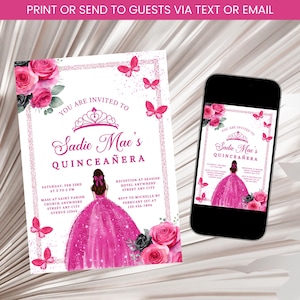 Fuchsia Pink Quinceañera Invitation, Mis Quince Anos Invite, Girl 15th Birthday Invitation, Pink Floral Birthday Invitation Template