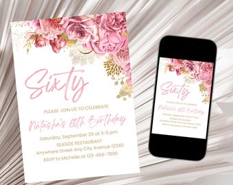 Pink Floral Birthday Invitation, Gold Pink Invitation, Adult Birthday Invitation, Shades of Pink Women Floral Invitation Template Digital