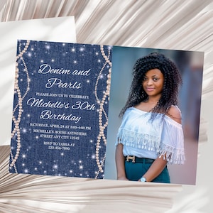 Denim and Pearls Birthday Invitation Template Editable Denim Birthday Invitation for Adult Denim Party Invitation Printable Pearl and Denim