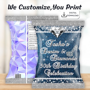 Denim and Diamond Chip Bags, Denim Diamond, Denim Diamond Birthday Party Chip Bag| Denim and  Diamond Printable Party Favor