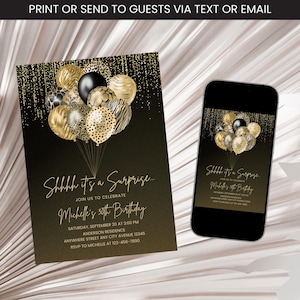Black and Gold Birthday Invitation, Men & Women Birthday Dinner Invite, Surprise Adult Birthday Invite, Gold Black Balloon Invite Digital