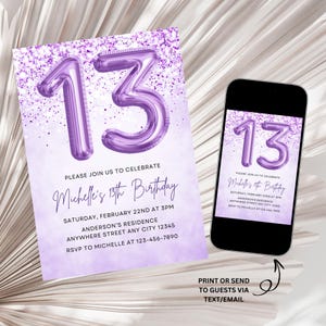 Purple 13th Birthday Invitation, Girl Glitter Birthday Invite, Girl 13th Birthday Invite, Purple Foil Balloon Thirteenth Birthday Template
