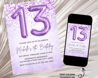 Purple 13th Birthday Invitation, Girl Glitter Birthday Invite, Girl 13th Birthday Invite, Purple Foil Balloon Thirteenth Birthday Template