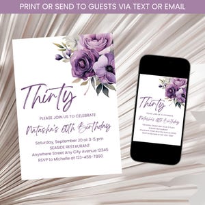 Purple Floral Birthday Invitation, Adult Floral Birthday Invite, Purple Birthday Invitation, Floral Women Birthday Invite Template Digital