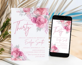 Digital Pink Floral Birthday Invitation, Pink Invitation, Women Birthday Invitation, Shades of Pink Women Floral Invitation Template