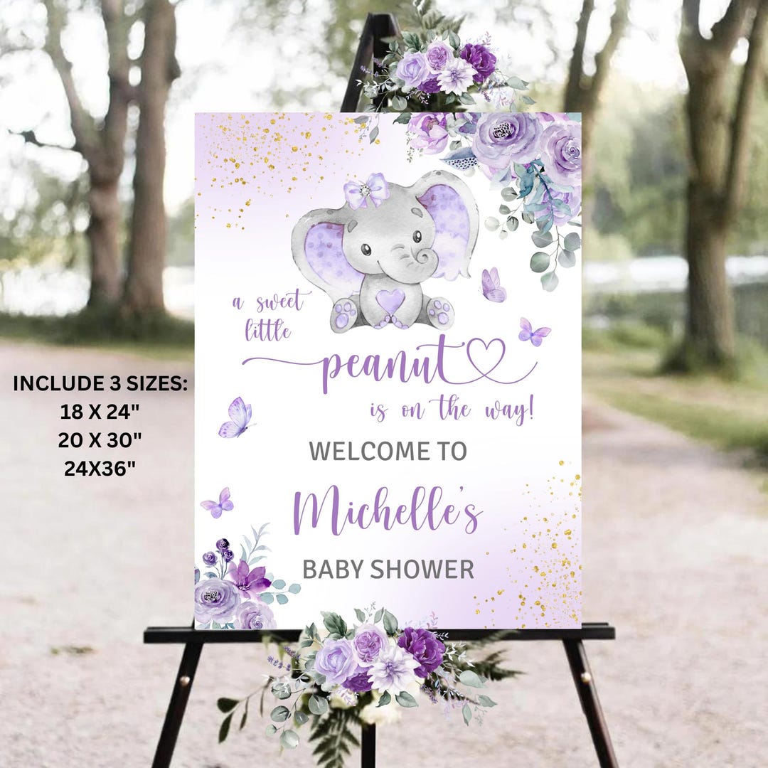 Editable Girl Elephant Baby Shower Welcome Sign, Purple Elephant