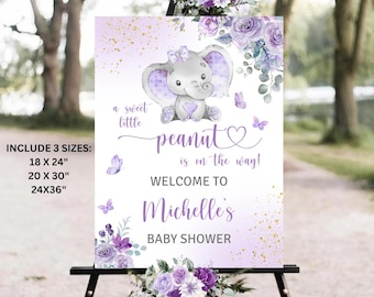 Editable Girl Elephant Baby Shower Welcome Sign, Purple Elephant Baby Shower Sign, A sweet little Peanut Elephant Baby Shower Welcome Board