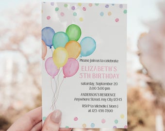 May include: A birthday invitation with watercolor balloons in shades of blue, green, yellow, orange, and pink. The invitation reads "ELIZABETH'S 5TH BIRTHDAY" with event details and RSVP information. Colorful confetti dots the background.