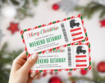 May include: Two Christmas-themed weekend getaway vouchers. Each voucher has a red and green border, the words "Merry Christmas" and "Weekend Getaway". The vouchers include a graphic of a vehicle with a Christmas tree on top.