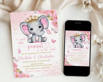 Puede incluir: Invitación de baby shower rosa con un elefante gris con una corona dorada. El texto dice "a sweet little peanut is on her way!" con detalles del evento. Un smartphone muestra el mismo diseño.