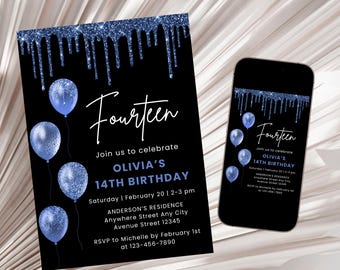 Faire-part 14e anniversaire, quatorzième anniversaire, invitation anniversaire paillettes bleues, 14e anniversaire de fille, faire-part nuances de bleu numérique