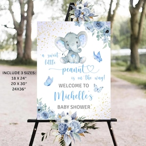 Editable Boy Elephant Baby Shower Welcome Sign, Blue Elephant Baby Shower Sign, A sweet little Peanut Elephant Baby Shower Welcome Board