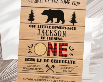 Invitación de primer cumpleaños con temática de leñador, diseño a cuadros de búfalo, plantilla de invitación de cumpleaños en la naturaleza, descarga digital editable