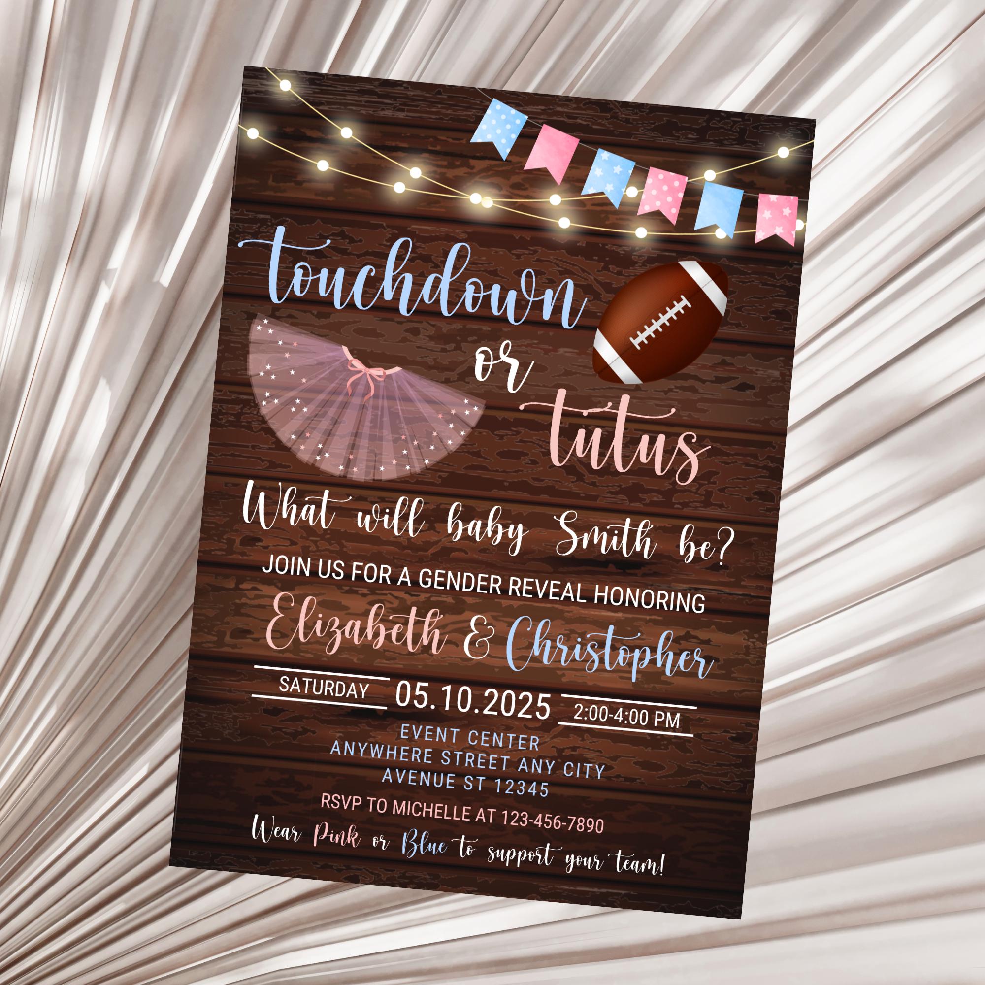 Editable Touchdown or Tutus Gender Reveal Invitation, Tutus or Touchdown Invitation,Gender Reveal Invite,Gender Neutral Baby Shower Invite