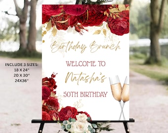 Letrero de bienvenida floral rojo para cumpleaños, Letrero de cumpleaños rojo y dorado, Letrero para brunch de cumpleaños, Plantilla digital de letrero de bienvenida floral rojo y dorado para mujer