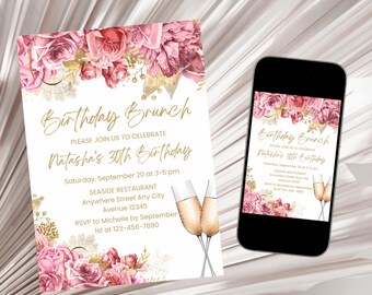Pink Floral Birthday Brunch Invitation, Pink Gold Floral Invitation,Adult Birthday Invite, Shades of Pink Women Floral Invitation Template