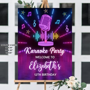 Editable Karaoke Birthday Welcome Sign, Music Party Birthday Welcome Board, Neon Glow Karaoke Yard Sign, Girl Karaoke Party Sign Template