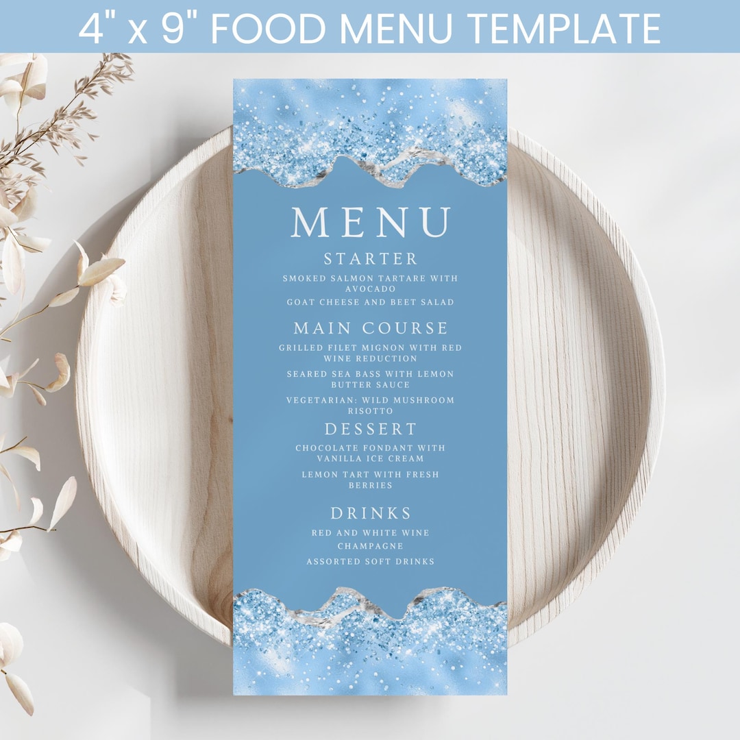 Menu In Blue Blue Food Menu Card, Table Menu, Birthday Menu Card, Wedding Menu ...