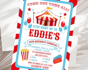 Editable Carnival Birthday Invitation,Circus Birthday Invitation,Invitation for Carnival/Circus Birthday Come One Come All Birthday Invites