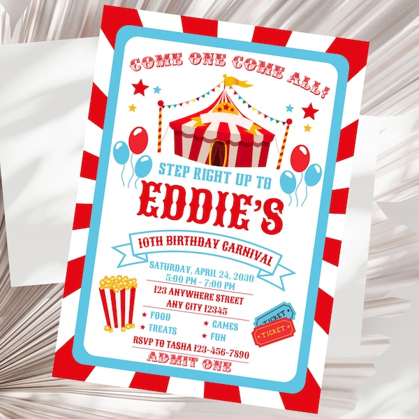 Editable Carnival Birthday Invitation,Circus Birthday Invitation,Invitation for Carnival/Circus Birthday Come One Come All Birthday Invites