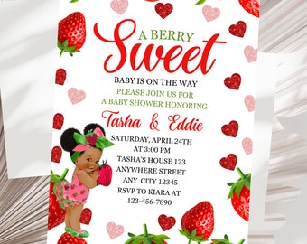 Strawberry Baby Shower Invitation,Berry Sweet Baby Shower Decor,Berry Sweet Baby Shower Invite,Afro Strawberry Baby Shower Invitation