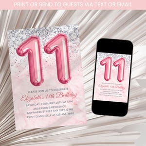 Pink 11th Birthday Invitation, Girl Glitter Birthday Invite, Girl 11th Birthday Invite, Pink Foil Balloon Eleventh Birthday Invite Template