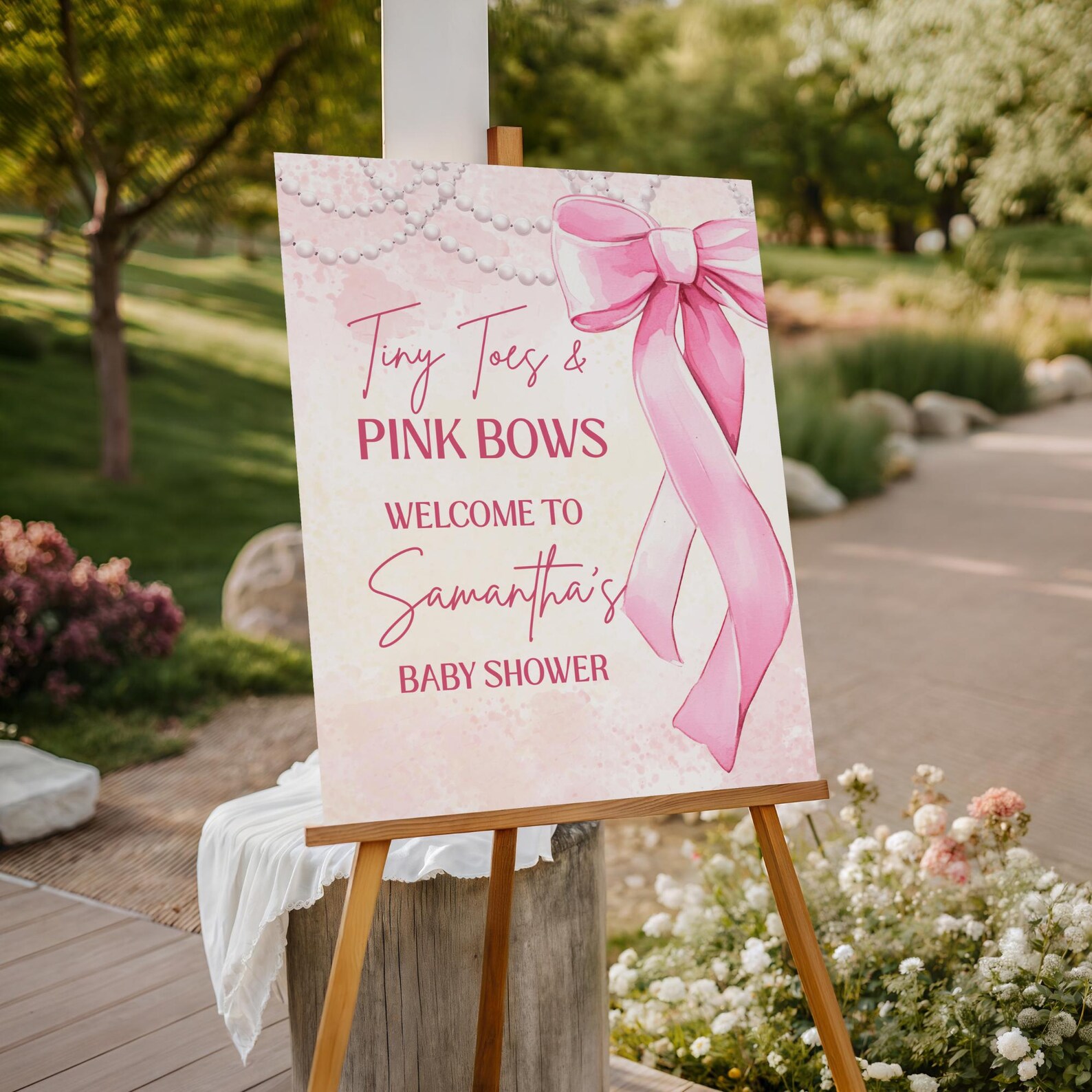 Pink Bow Girl Baby Shower Welcome Sign, Tiny Toes and Pink Bows Sign ...
