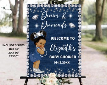 Denim and Diamonds Baby Shower Welcome Sign EDITABLE African American Baby Shower Denim & Diamond Welcome Board Template Digital Download