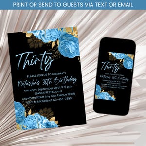 Turquoise Floral Birthday Invitation, Gold and Teal Party Invite, Adult Birthday Invitation, Teal Women Invitation Template Digital Download