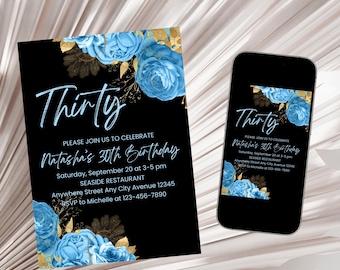 Turquoise Birthday Invitation, Gold and Teal Party Invite, Adult Birthday Invitation, Teal Women Invitation Template Digital Download