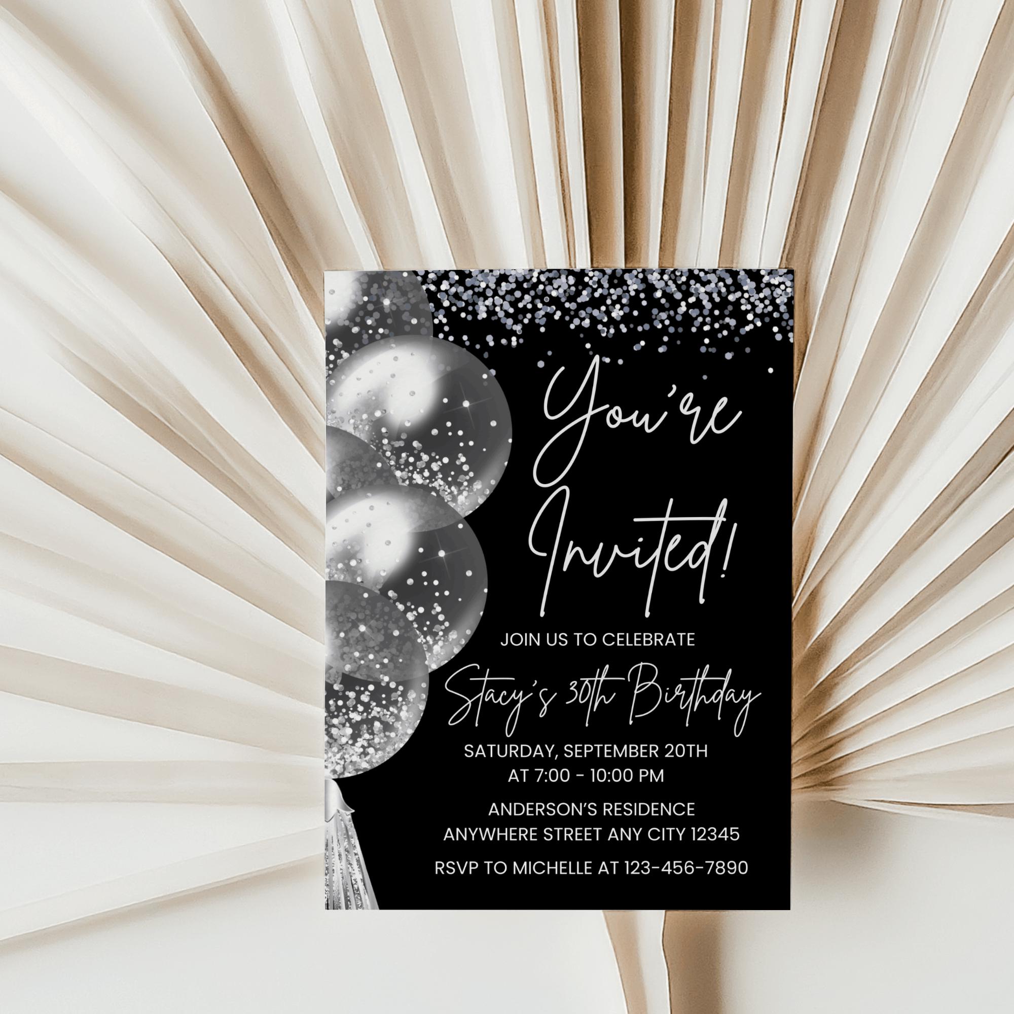 Silver Invite Silver Birthday Invitation, Adult Birthday Dinner Invitation, Silver ...