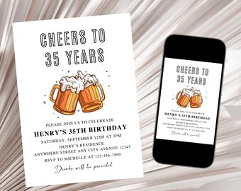 Beer Birthday Invitation, Cheers to 35 Years Invite, Adult Invitation, Men Birthday Invite, Minimalist Men Beer Birthday Celebration Invite