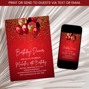Könnte beinhalten: Eine rote und goldene Geburtstags-Dinner-Einladung mit rotem Hintergrund und goldenem Glitzer. Die Einladung zeigt eine Grafik mit roten und goldenen Ballons und dem Text "Birthday Dinner" und "Join us to celebrate Michelle's 30th Birthday".