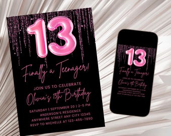Può includere: Invito di compleanno rosa e nero con un grande palloncino rosa numero 13 e il testo "Finalmente un adolescente!" e "Unisciti a noi per festeggiare il 13° compleanno di Olivia".