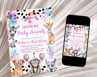 May include: A colorful birthday party invitation with the text "Calling All Party Animals" and "Madison's 5th Birthday." The design features watercolor animal illustrations, including a zebra, giraffe, and lion. A smartphone displays the invitation.