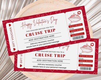 May include: Red and white printable Valentine's Day gift voucher with a cruise ship graphic. The voucher says "Happy Valentine's Day" and "This voucher entitles you to a cruise trip".
