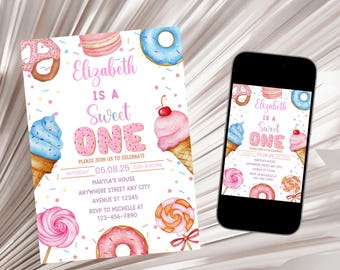 Sweet One Birthday Invitation, Candy Sweet 1st Birthday Girl Invite, CandyLand Birthday Invite, Donut Ice Cream Party Digital Download