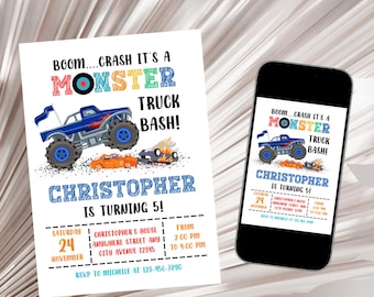 Monster Truck Birthday Invitation, Monster Truck Party Invite, Boy Monster Truck Invite, Truck Birthday Invitation Editable Template Digital
