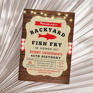 May include: A red and black invitation for a backyard fish fry in honor of Henry Anderson's 45th birthday. The invitation features a red fish illustration, a red and white checkered pattern, and string lights. The event is scheduled for Saturday, September 26th from 3:00 PM to 7:00 PM at Anderson's backyard, Anywhere Street Any, City Avenue St 12345. RSVP to Latisha by September 1st at 123-456-7890.