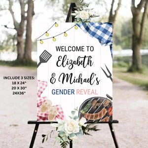 May include: A white sign with a woodgrain background announcing a gender reveal party for Elizabeth and Michael. The sign features a grill, a spatula, and a fork, along with a red and white checkered tablecloth and white flowers. The text "Welcome to Elizabeth & Michael's Gender Reveal" is written in black.