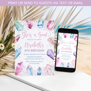 May include: A birthday invitation with a watercolor gem design. The invitation reads "She's a Gem!" and includes details for an 8th birthday celebration, including the date, time, location, and RSVP information. A smartphone displays the same invitation.