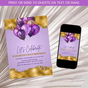 Purple and Gold Birthday Invitation, Adult Birthday Dinner Invitation, Gold & Purple Birthday Invite, Women Purple Birthday Invite Digital