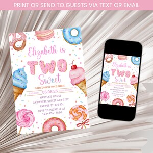 Two Sweet Birthday Invitation, Candy Sweet 2nd Birthday Girl Invite, CandyLand Birthday Invite, Donut Ice Cream Party Invitation Template