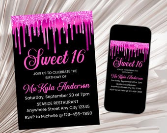 Hot Pink Birthday Invitation, Pink Sweet 16 Invitation, Hot Pink 16th Birthday Invitation, Women Birthday Invitation Digital Download