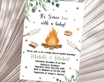 Editable S'more Baby Shower Invitation, Camping Baby Shower, Bonfire Baby Shower, S'more Fun with a Baby Invite, Couple Baby Sprinkle Invite